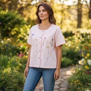 Lemon Grass Embroidered Floral Cotton Blouse Size L Cream